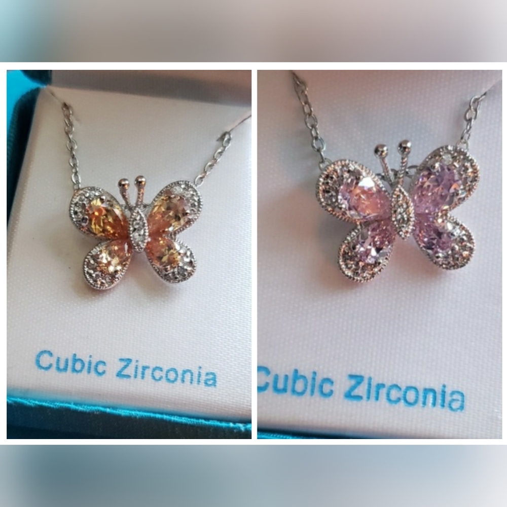 Pink and Peach Silver butterfly 18in necklaces (2)